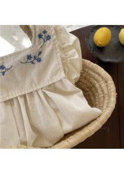 Aile Junmei 2022 Summer Girls Dress Cotton Linen Floral Sleeve Applique Korean Style Dress Children Princess Dress