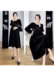 Spring Women Corduroy Pregnancy Women Dress Long Sleeve Maternity Long Dress Chic Ins Elegant A-Line Slim Clothes for Pregnant Women