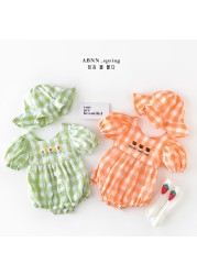 Newborn Baby Girl Clothes Plaid Puff Sleeve Floral Jumpsuit Cute Cartoon Bear Embroidery Cotton Bib With Hat Outfits