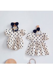 Children's Skirt Summer Clothes Newborn Sister Outfit Jumpsuit Dress Cotton Wave Point Sweet Ins Dots Baby Girl Romper Headband