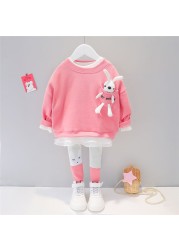 Baby Girls Clothing Sets Kids Casual Clothes Lace Cartoon Rabbit T Shirt Pants Toddler Infant Children Vacation Costume