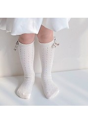 2pairs/lot Summer Kids Long Floral Bow Sock Knee High Thin Mesh Socks Hollow Out Soft Cotton Infant Sokin Baby Girls Socks