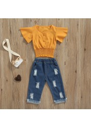 Ma & Baby 1-6Y Baby Boy Girls Clothes Set Ruffle Button V-Neck Denim Tops Pants Outfits Costumes D01