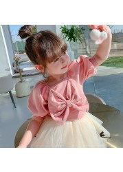 Summer girls cute casual T-shirt baby sweet bubble sleeve princess clothes big bow short sleeve top