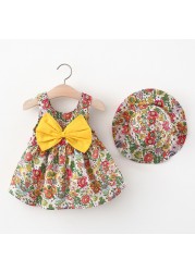 Baby Girls Dresses Vintage Floral Print Bow Princess Dress with Hat 2022 Summer Children 0-2 Years Kids Dress Girls Clothes