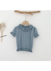 Children Girls Summer Tops Tees Girls Knitted Thin Cotton T-shirt Lovely Vintage Puff Sleeve Tops For Baby Girl