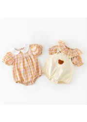 Summer Newborn Baby Shirts Twin Clothes Fashion Plaid Shirts Infant Peter Pan Neck Baby Shirts 0-3 Years