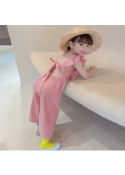 Summer Korean Cute Girls Jumpsuit Toddler Kids Open Back Sleeveless Clothes Wide Leg Pants