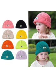 Autumn Winter Solid Color Baby Knitted Warm Hat Soft Casual Hemming Hat Kids Girls Boys Frog Label Beanies Clothes