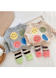 2022 spring kids clothes set cartoon long sleeve smile loose blouse and pants 2 piece suit