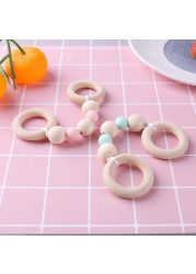 Wooden Baby Teether Ring Chain Newborn Infant Organic Wood Silicone Beads Nursing Teething Chew Toys Baby Teether Gift