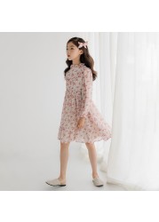 Long Sleeve Girls Dress 2022 Spring Summer New Korean Girls Dress Floral Chiffon Princess Dress Collage Style Kids Clothes