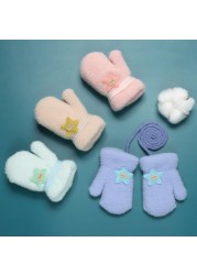 0-2Y Soft Plus Velvet Baby Boys Girls Gloves Newborn Mittens Outdoor Warm Rope Full Finger Kids Gloves Children Thick Fleece