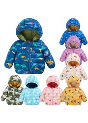 Cartoon Dinosaur Flower Print Hooded Cotton Down Jacket Baby Winter Cartoon Windproof Coat Hooded Warm Outerwear Jacket Freeship