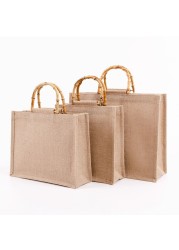 Portable Burlap Shopping Bag Jute Handbag Bamboo Ring Retro Carry Handles DIY Handbag Women Large Size Beach Bag for Girls