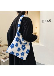 Stylish design plush flower pattern women tote bag casual handbags large capacity ladies designer shoulder bag simple female bag