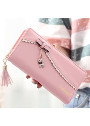 Women's Long Leather Wallet Card Holder Wallet With Cute Cat Pendant Cell Phone Pocket Wallet