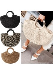 Women's handbag elegant rattan wicker straw woven half round bag large capacity casual travel bags