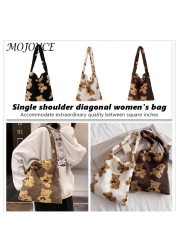 Elegant Women Shoulder Bags Women Autumn Winter Cartoon Bear Print Underarm Bag Warm Plush Tote Decorative Handbag