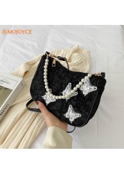 Retro Handbag 2022 Spring Butterfly Print Women Shoulder Bags Pearl Chain Handbags Female Crossbody Messenger Clutch Bags