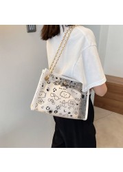 MBTI 2022 New Transparent Female Hand Cartoon Print Women Casual Large Shoulder Bag Shopping Fashion Chain Handle Bolso Mujer