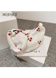 Female Fashion Cherry Pattern Shoulder Bag Winter Mobile Phone Top Handle Bag Warm Plush Tote Decorative Handbag