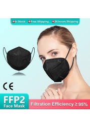 10-200 قطعة الأسود Mascarillas FPP2 Mascarillas KN95 شهادة 5 طبقات الكبار Mascherina FFPP2 المعتمدة قناع أسود ffp2masque