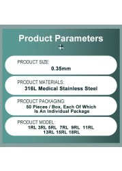 50 قطعة المهنية الوشم إبرة 1RL 3RL 5RL 7RL 9RL 11RL 13RL 15RL 18RL 0.35 مللي متر جولة بطانة الوشم الإبرة للوشم لوازم
