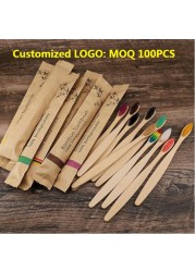 100pcs Eco-friendly Bamboo Reusable Toothbrush Portable Adult Wooden Soft Toothbrush Laser Custom Engraving Logo