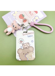 New Cute Cartoon Flocking Bear ID Credit Bank Card Holder Student Keychain Bus Card Case ID Badge Cover Women Men Pendants