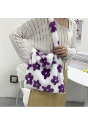 INS Women Flower Print Shoulder Bags Winter New Soft Plush Bucket Bags Female Open Pocket Crossbody Furry Fluffy Tote Bags