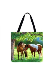 Reusable Linen Shopping Bags Casual Ladies Animal Horse Printed Pattern Tote Square Large Capacity Storage Bag