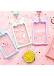 Cute Ear Card Holder Retractable Piggy Milk Bottle Student Card Holder Bus Pass Cover Keychain Card Badge Storage Bag