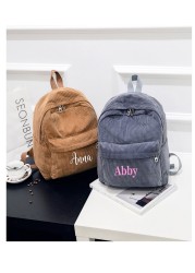 Personalized corduroy black navy khaki gary student backpack embroidered custom large capacity school bag for students and adults