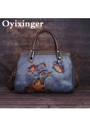 OYIXINGER Vintage Women Bag Genuine Leather Retro Women Shoulder Bags China Style Handmade Ladies Handbag Embossed Boston Bags