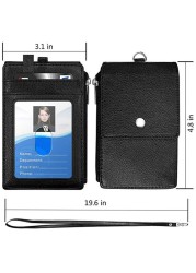 Badge Holder with Zipper, PU Leather ID Badge Card Holder Wallet with 5 Card Slots, 1 Side RFID Blocking Pocket and 20 Inch Neck