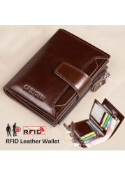 Men's Genuine Leather RFID Blocking Trifold Wallet Short Vintage Multifunctional Credit Card Holder Coin Zipper Pocket Money Bags