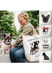 Reusable Canvas Shopping Bag Women Bag With French French Bulldog Print Students Teacher Book Travel Storage Shoulder Bags