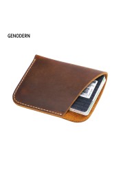 GENODERN Simple Crazy Horse Skin Retro Credit Card Holder Genuine Leather Card Puse Small Slim Wallet For Men Women Card Wallet