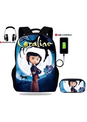 حقيبة ظهر للمراهقين ، طباعة Coraline ، حقيبة مدرسية ، شحن USB ، للمدرسة