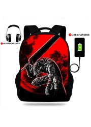 USB Charge Student Backpack Kids Berserk Guts Manga Swordsman School Bag Teenagers Anime Backpack Adult Travel Laptop Mochila