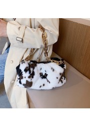 INS Fashion Women Winter Cloud Bag Cow Print Soft Plush Shoulder Bag Female Thick Chain Handbags Ladies Warm Fur Underarm Bags