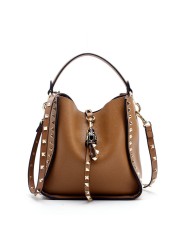 Genuine leather rivet bucket bag, purses and handbags luxury designer studded cowhide ladies shoulder bag with crossbody strap