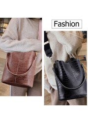 Large Capacity Women Crossbody Bags Leather Bucket Bag Crocodile Pattern Shoulder Bag