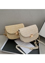 Ladies Vintage Straw Woven Chain Shoulder Bag Women Summer Small Handbag Female Beach Vacation Vacation Half Circle Saddle Bags