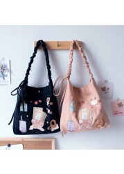 cute purse shoulder bags tote bags 2021 high quality fashion sweet japanese style cartoon pleated bow women shopper canvas bags