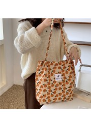 Women Corduroy Handbag New Fashion Floral Printing Large Capacity Canavs Shoulder Bag 2022 Summer Ladies Shopping Messenger Bag