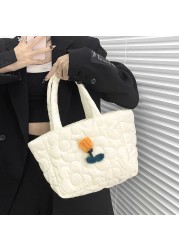 Women's Handbag 2022 Cotton Clutch Bag Girl Shopper Fashion Casual Flower Quilted Bag Winter Cute Knitted Tulip Handle Bag