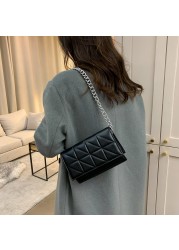 Women Bag PU Leather Lattice Crossbody Bag Lady Solid Color Chain All-match Casual Handbag Thread Small Designer Clutch