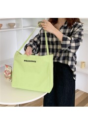 Women Canvas Simple Casual Handbags Embroidery Letters Print Large Capacity Female Shoulder Bags Solid Color Lady Shopping Bags